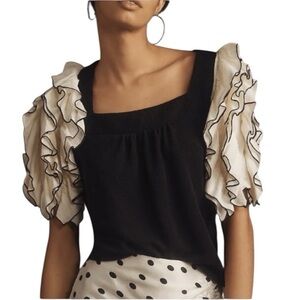 Anthropologie Women Ruffle Sleeve Square Neck Black White Party Blouse New* XS-M